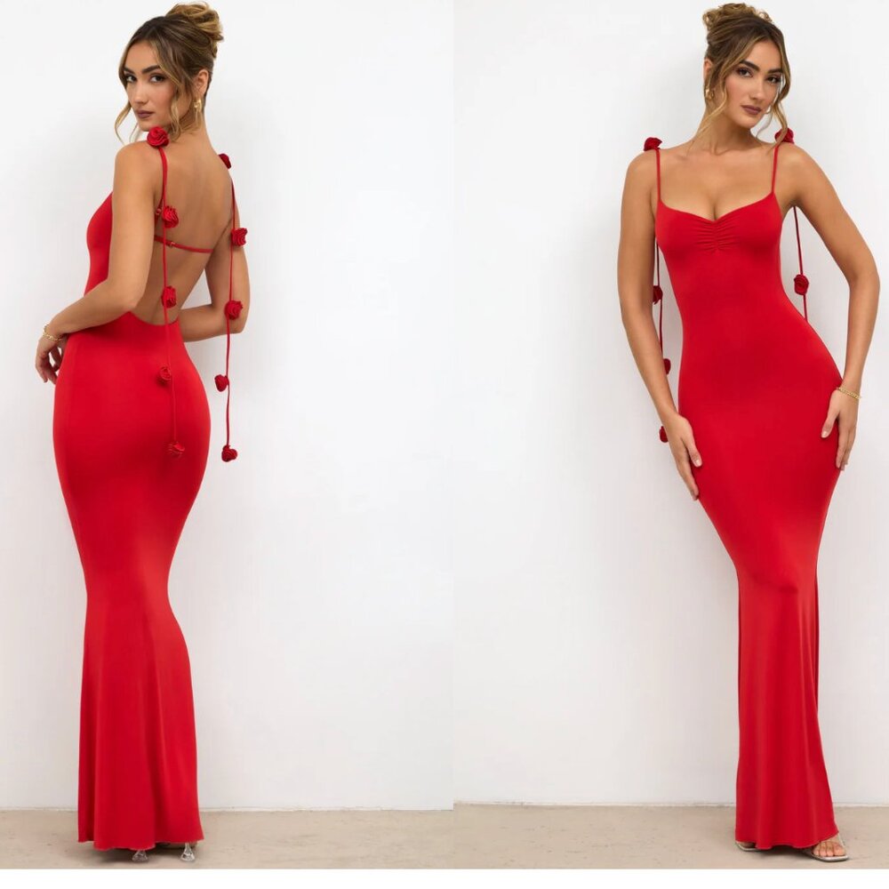 OH POLLY Aldona slinky jersey rose detail evening gown in scarlet red size 14